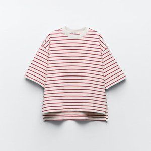 Zara Red Striped Short-Sleeve Sweatshirt
